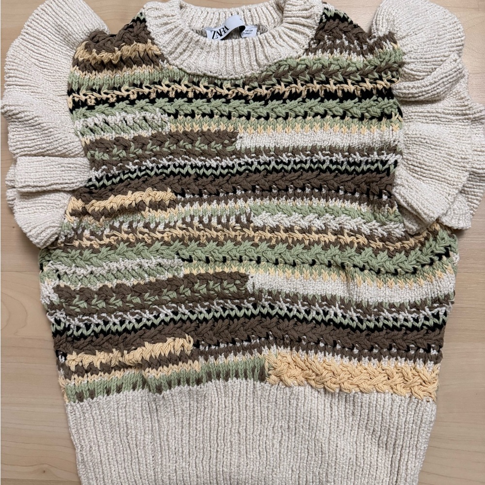 Zara Multicolor Flutter/Ruffle-Sleeves Knit Sweater